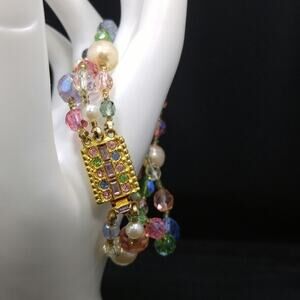 Vintage Beaded Crystal Bracelet, 3 Strands, Graziano Pastel Crystal Beads, 8 In.